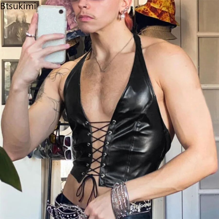 Men's Black Party Performance Vest Casual Personality Style Sexy Top Black Leather Deep V-Neck with Strap Design Tank for Men