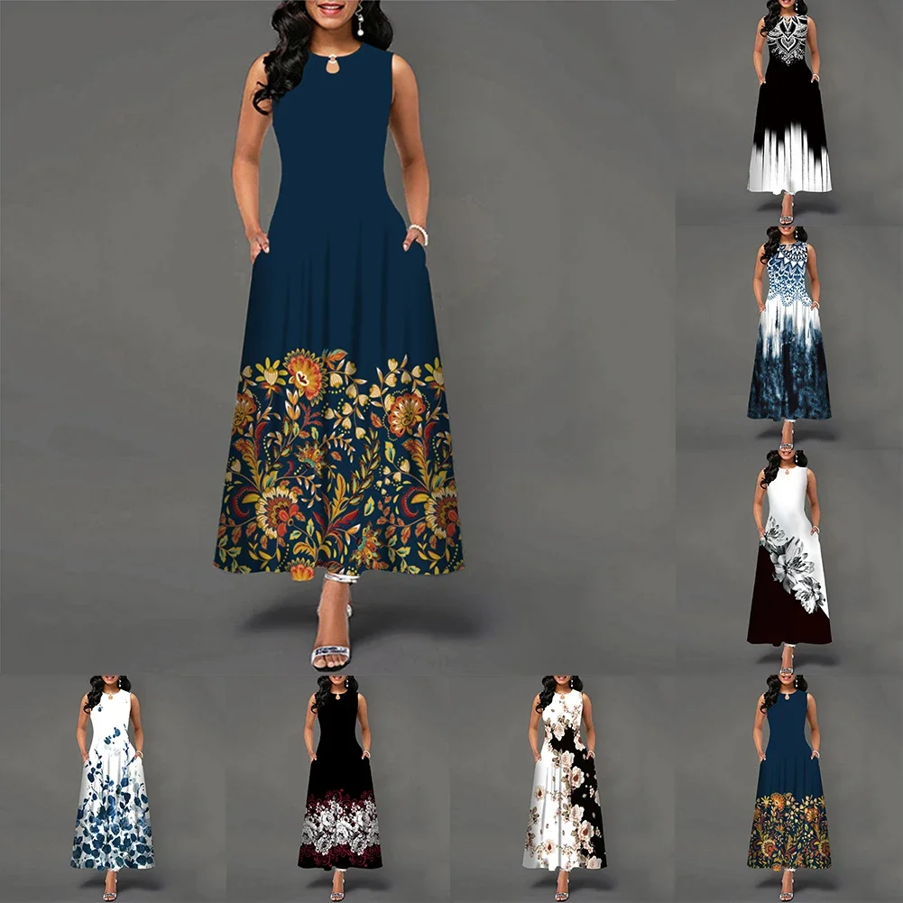 Women Beach Bohemia Dresses Ladies Elegant Sleeveless Casual Floral Print Party Maxi Dress O-Neck Fashion New