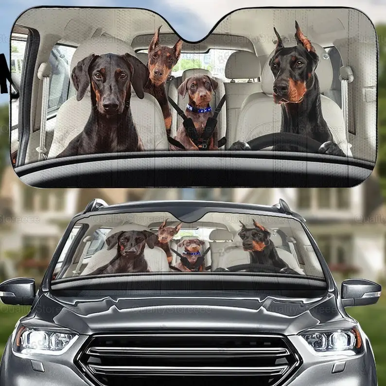 Dobermann Dog Family Auto Car Sunshade, Dog Car Sun Shade, Dobermann Car Decoration, Dog Lover Gifts