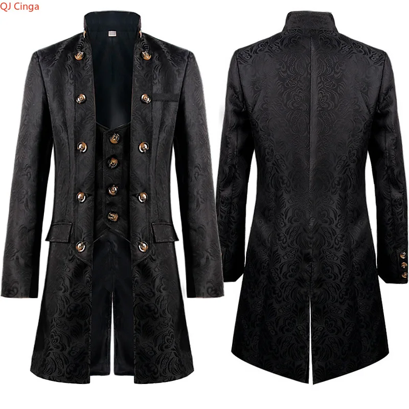 White Men's Vintage Style Military Double - Breasted Trench Coat with Embroidered Patterns and Black-Yellow Buttons.