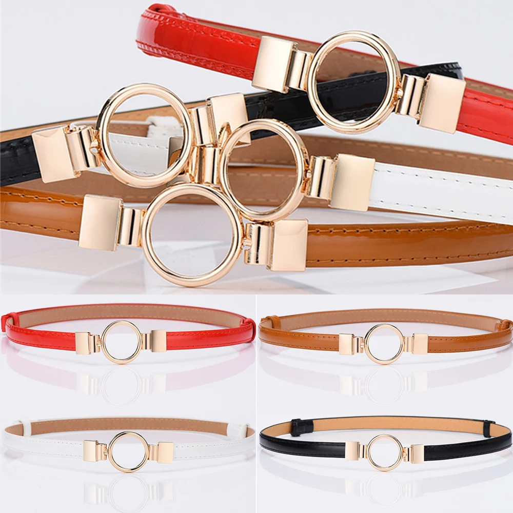 Women's Slim Belt Round Metal Buckle PU Leather Cute Red White Fashion Waist Band for Women ремень Cinto Feminino Cinturon