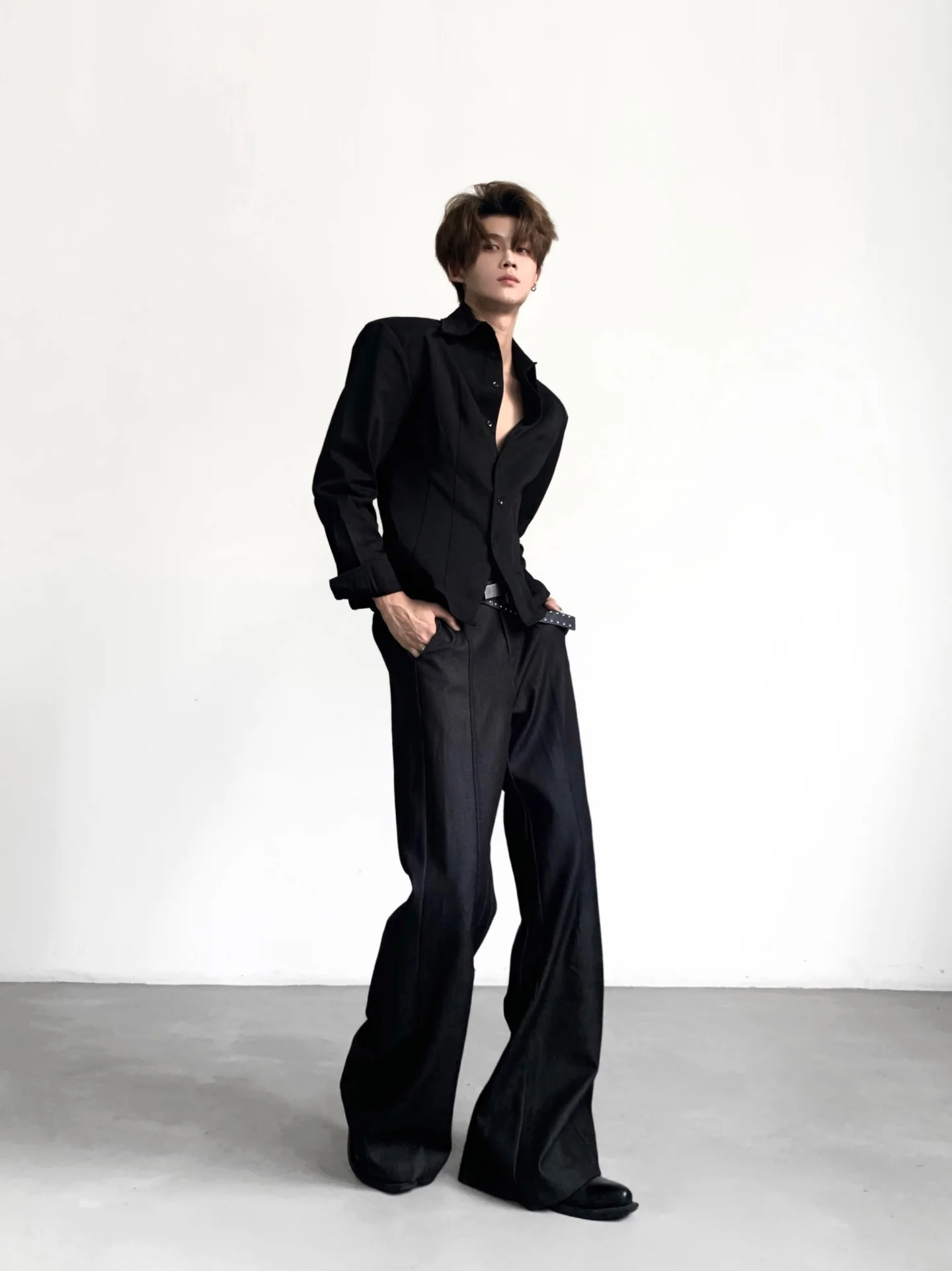 Black Jazz Deconstructed Wide Leg Bell Bottom Men's West Pants Straight Casual Long Trousers High Waist Classic Style Polyest...