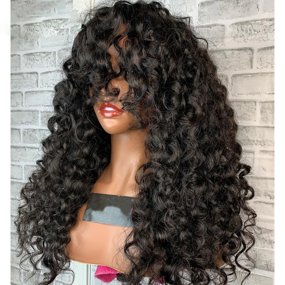 Soft 26“Long Natural Black Kinky Curly 180Density Lace Front Wig With Bangs Synthetic For Women High Resistant Glueless Daily