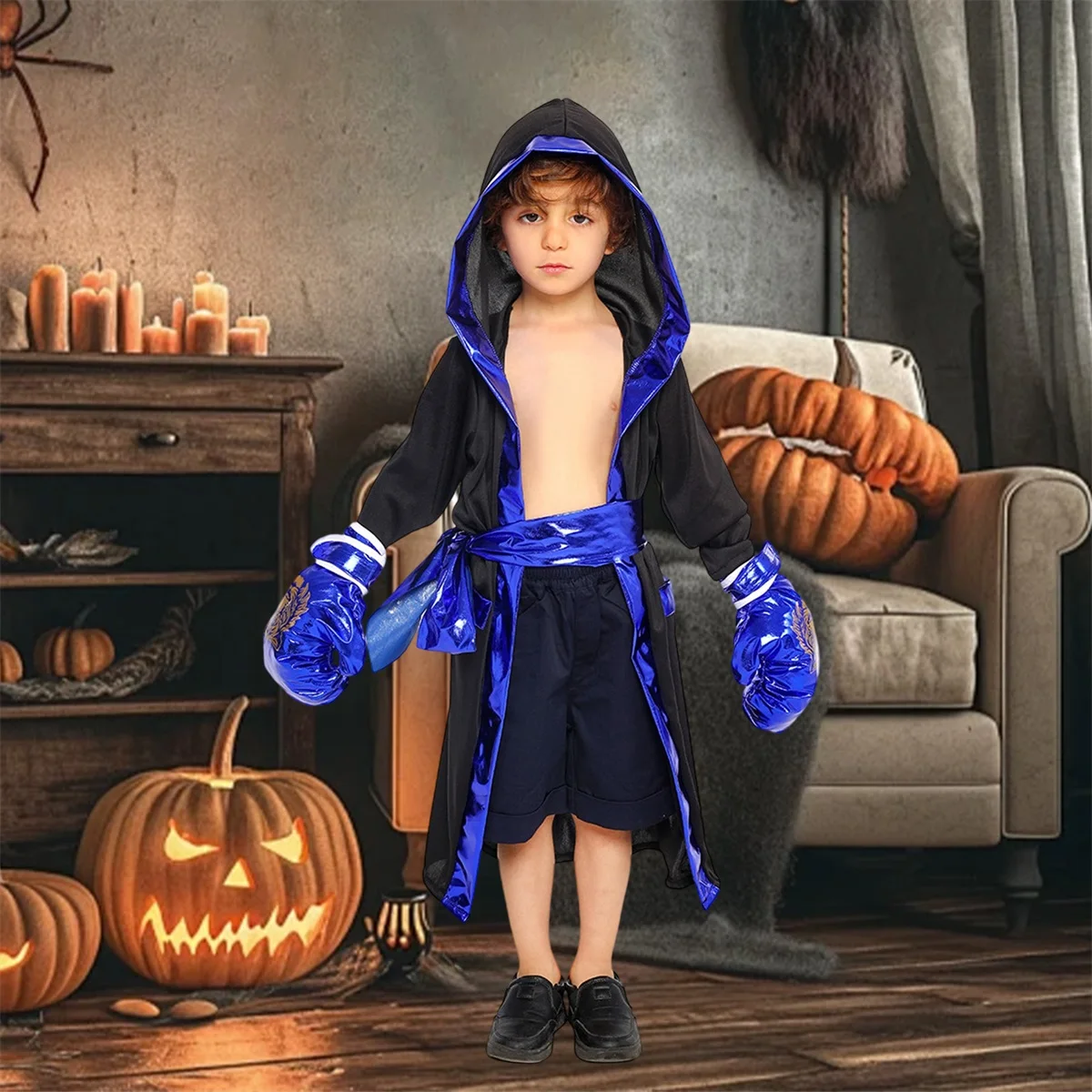

Kids Ninja Costume Hooded Robe and Belt Gloves Set for Boys Halloween Cosplay Party Dress Up Outfit with Mask