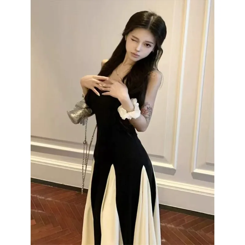 Dames zomerontwerp gevoel taille a-woord rok grote slinger vloer lange jurk Franse contrasterende kleur splitsen jarreteljurk