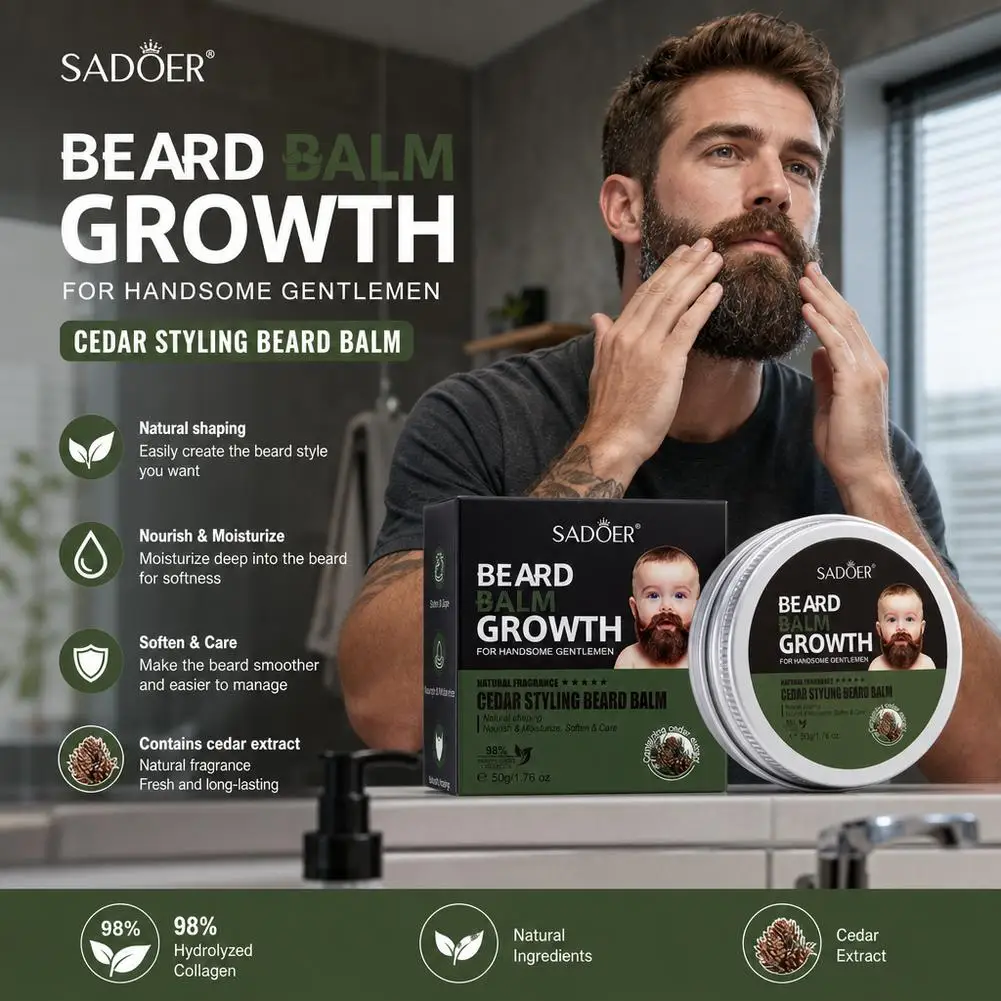 50g Beard Balm Natural Cedar Beard Styling Growth Wax Moisturizing Softening Grooming Care Natural Scent For Men