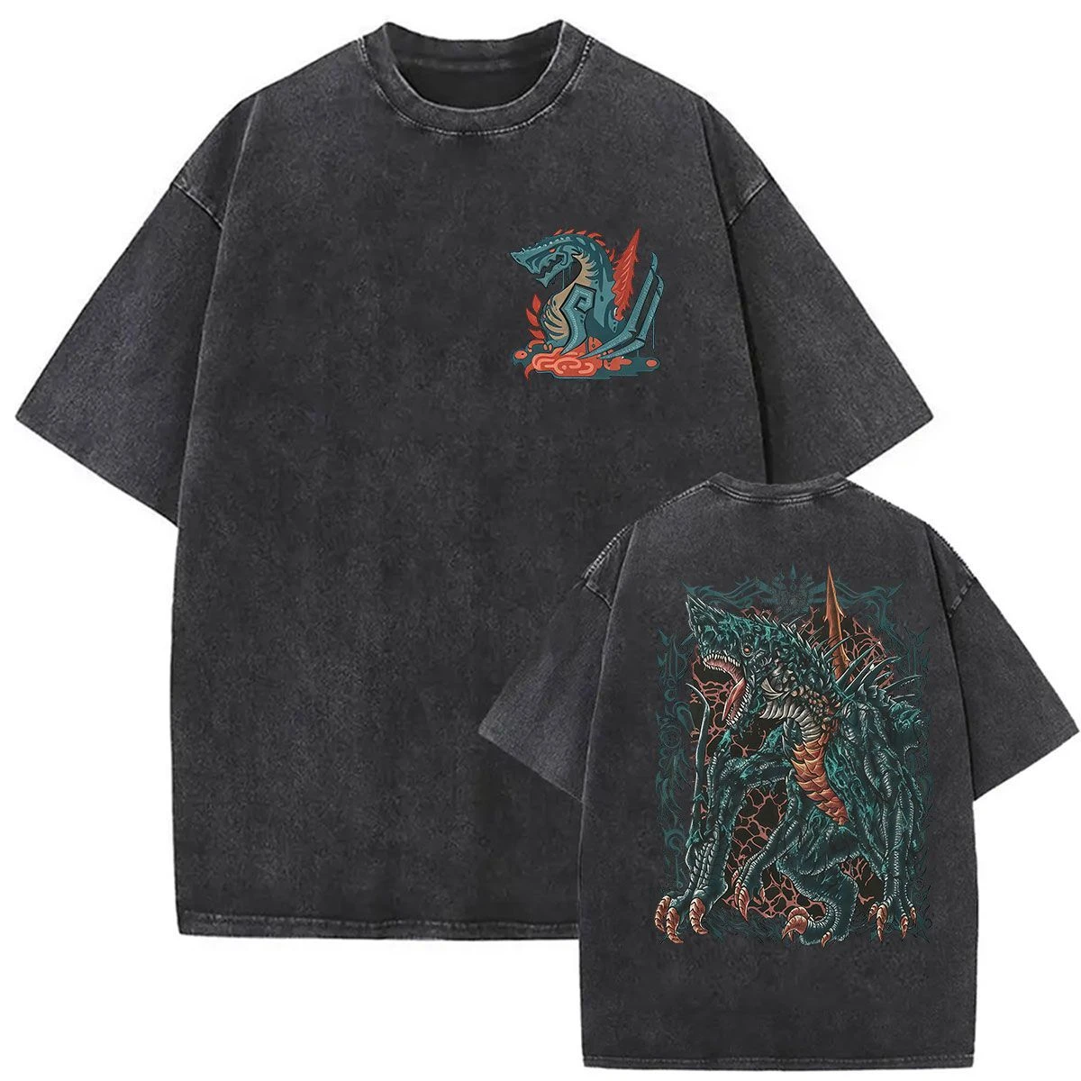 Retro Monster Hunter Gore Magala Game Print Washed Distressed Short-sleeved T-shirt for Men and Women Pure Cotton