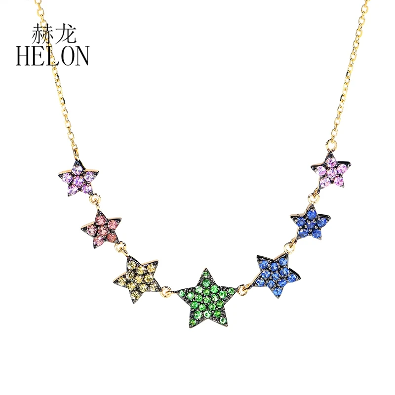 HELON Solid 18K Yellow Gold Colorful Gemstone Star Necklace Pendant Women High Quality Exquiste Art Deco Jewelry Clavicle Chain