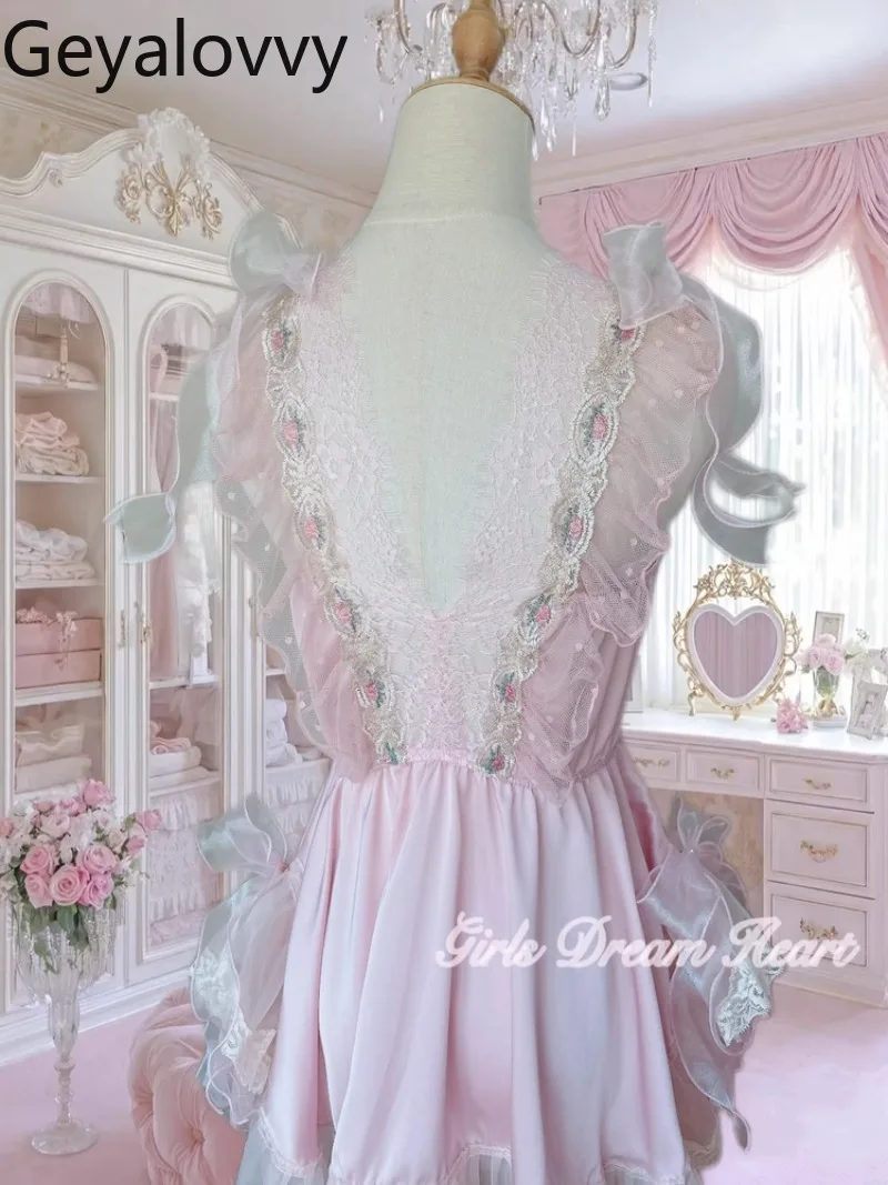 Feito à mão retro tribunal estilo bordado renda malha arco vestidos verão doce meninas cintura alta cetim com decote em v suspender vestido curto