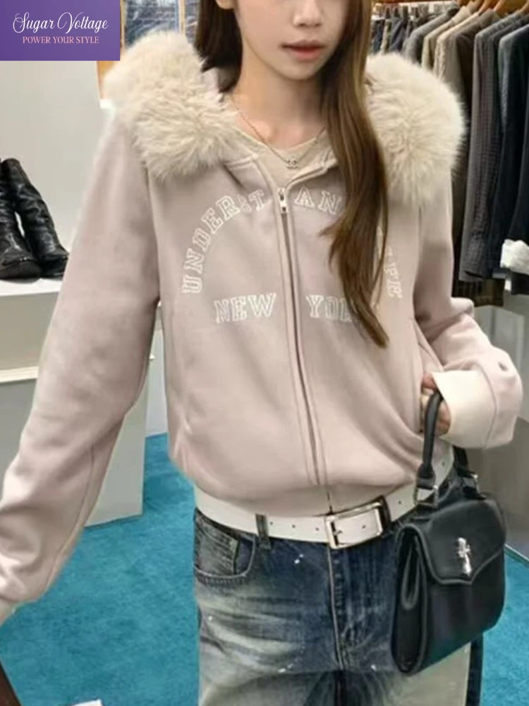 

Корейская куртка с капюшоном в стиле ретро, женское повседневное короткое пальто на молнии с плюшевым воротником, свободная верхняя одежда, винтажная уличная одежда, модная теплая одежда