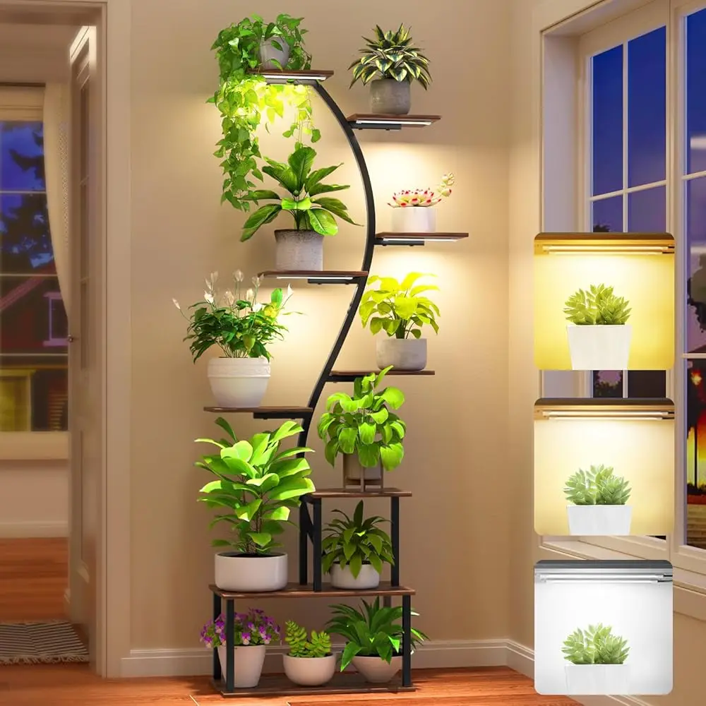 

Plant Stand Indoor With Grow Light, 9 Tiered 62"" Tall Metal Indoor Plant Shelf Multiple, Large Plant Shelf With Grow Light,