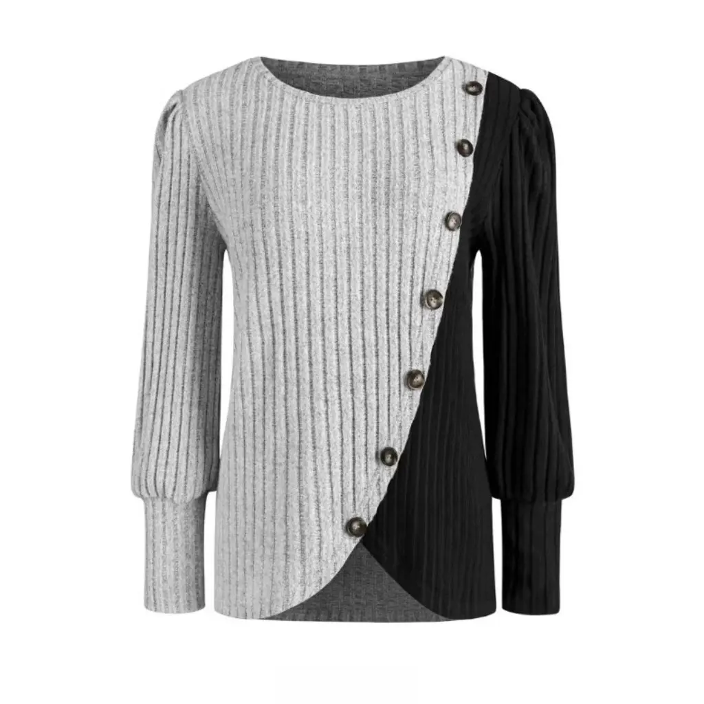 

Women's Z round Neck Knitted T-shirt Long Sleeve Color Matching Pit Cross Hem European American Style Spring Autumn Top