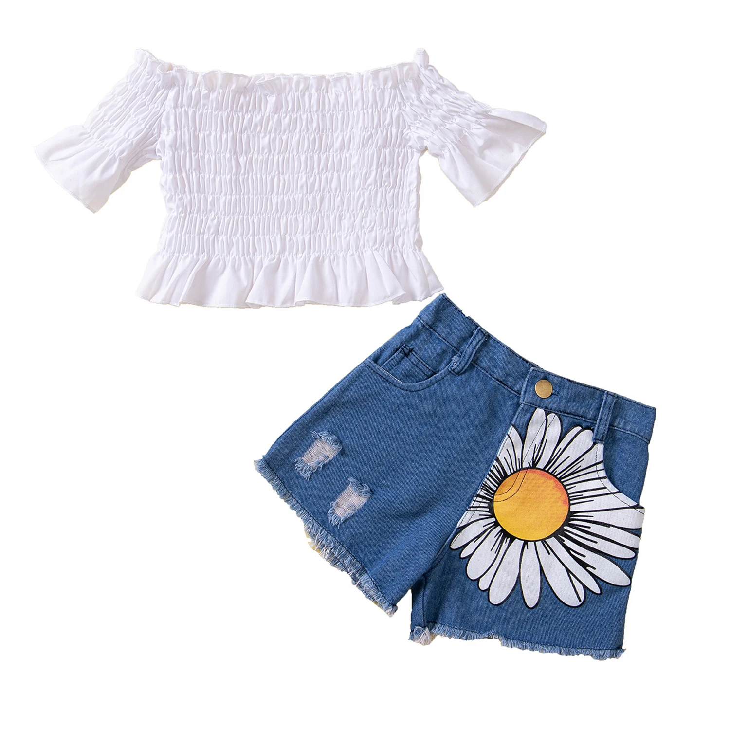 

2Piece 2022 Summer Kids Clothes Cute Solid Short Sleeve Toddler T-shirt+Denim Hole Flower Shorts Baby Girl Clothing Set BC2212