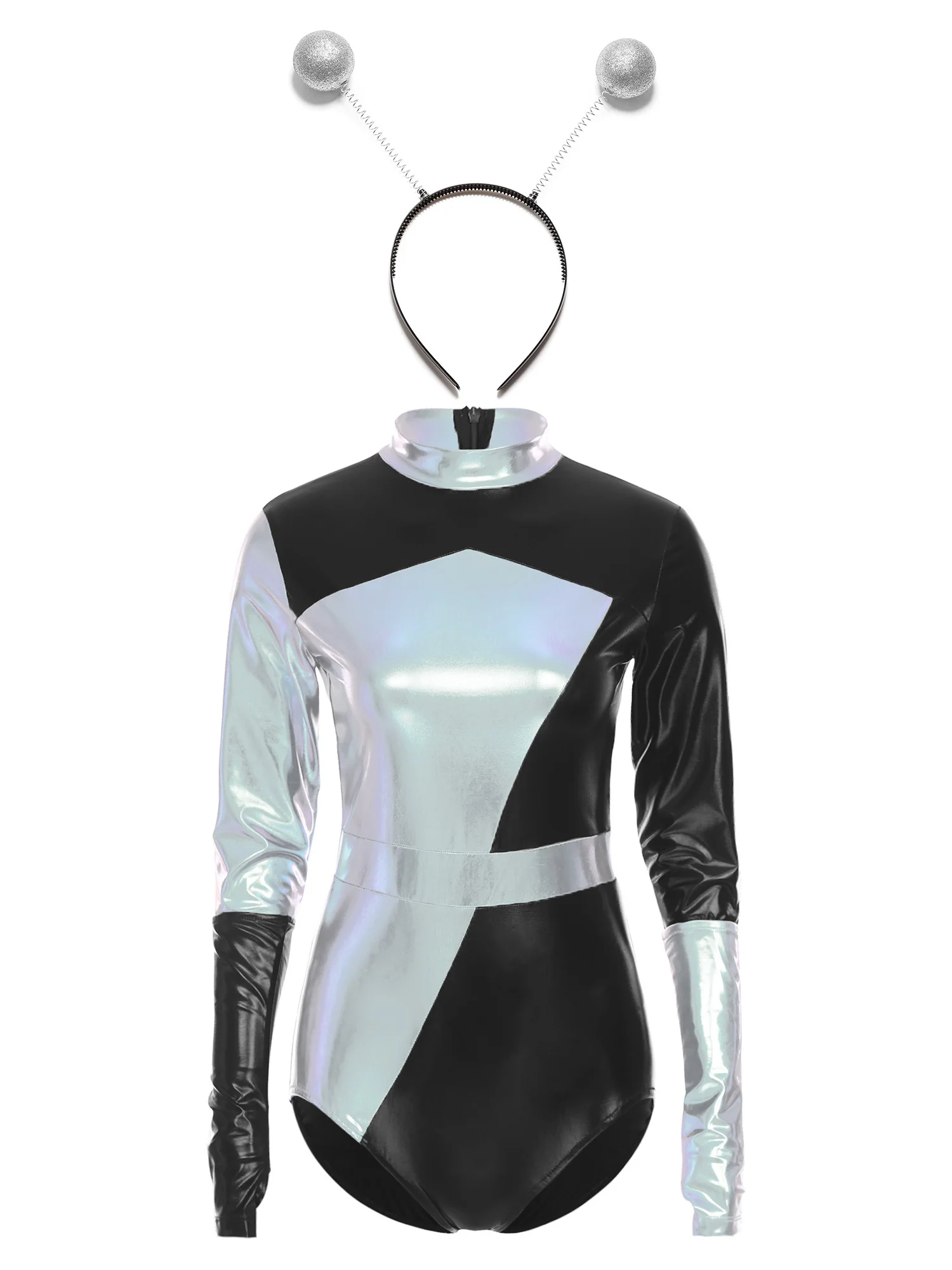 

Women Space Astronaut Bodysuit Alien Robot Bodycon Leotard Contrast Metallic Jumpsuit And Alien Headwear Halloween Cosplay Suits