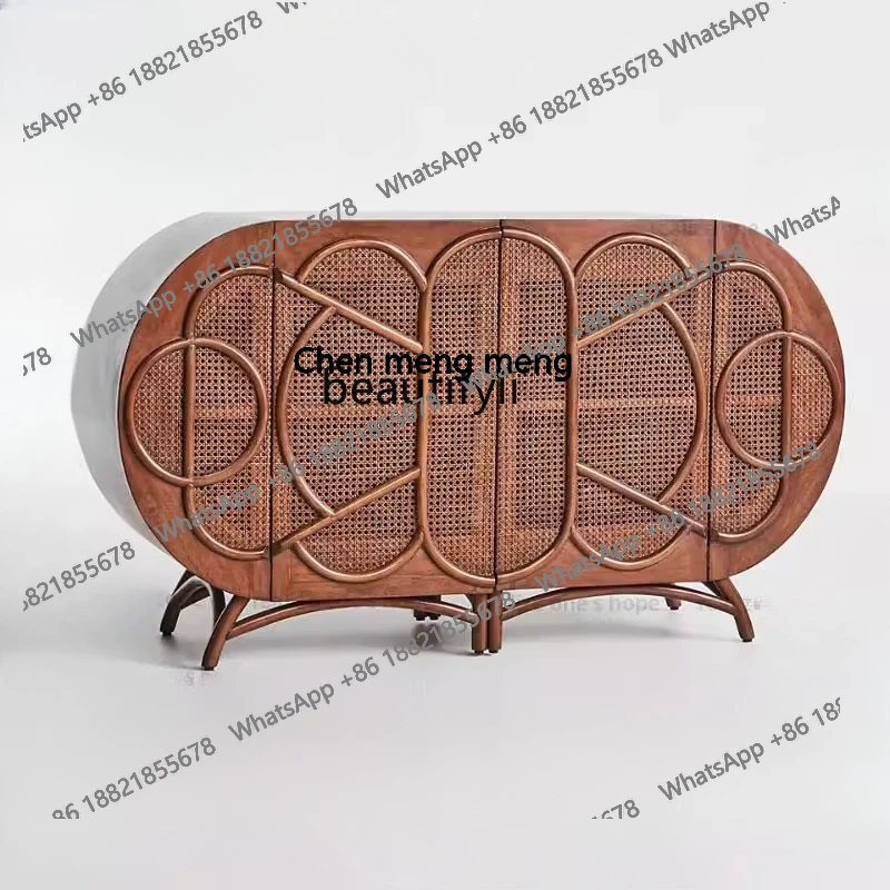 

American retro solid wood old entrance cabinet French antique style living room rattan storage kitchen dining side cabinet H H