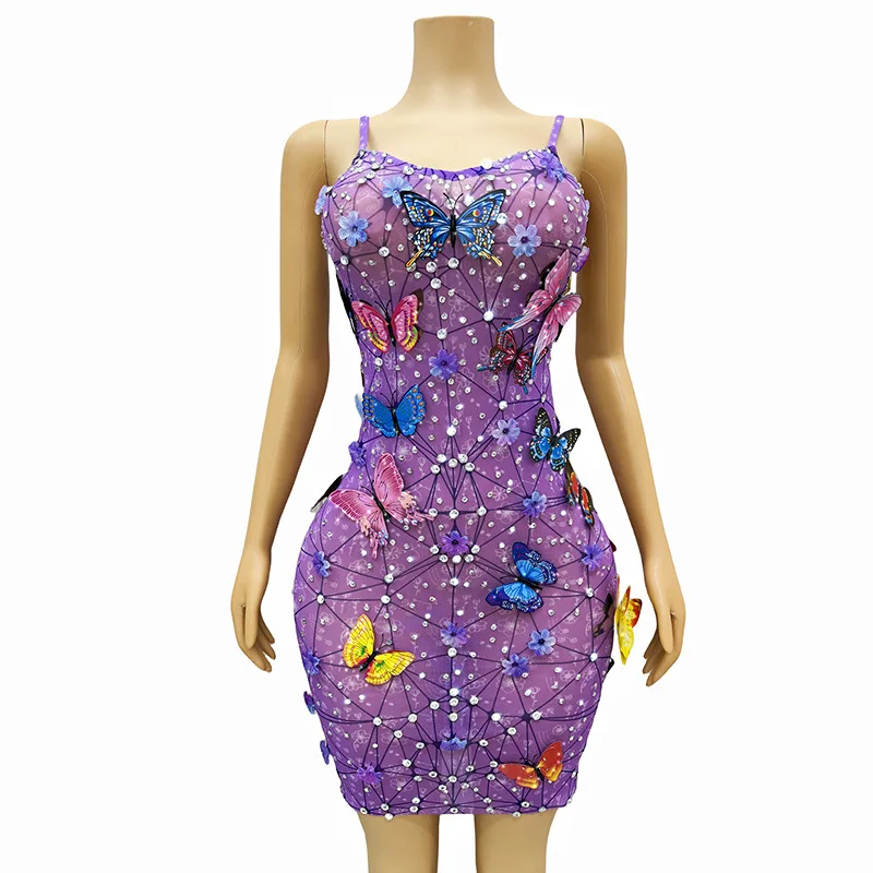 

Sexy Purple Diamond Stereo Butterfly Suspender Slim Fit American Sweetheart Seaside Party Evening Dress Body Transparente Flecos