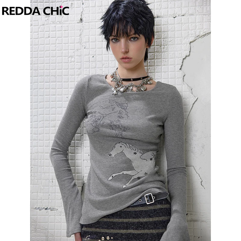 

REDDACHiC Cozy Long Sleeve Thermal T-shirt Grunge Y2k Angel Pony Star Printing Ribbed Knit Print Top Woman Alternative Clothes