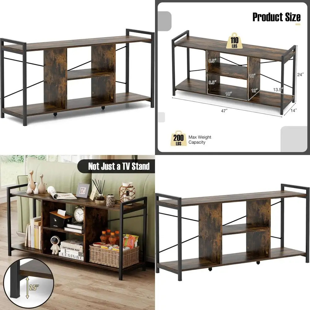 

Rustic Brown 55 TV Stand: Industrial Media Console with 4 Shelves, Metal Frame & Side Rails