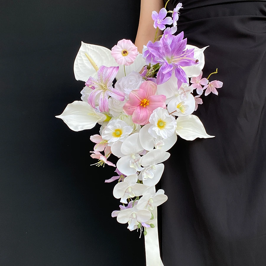 Light pink purple bouquet simulation flower wedding certificate waterfall drop-shaped Phalaenopsis niche bouquet registration