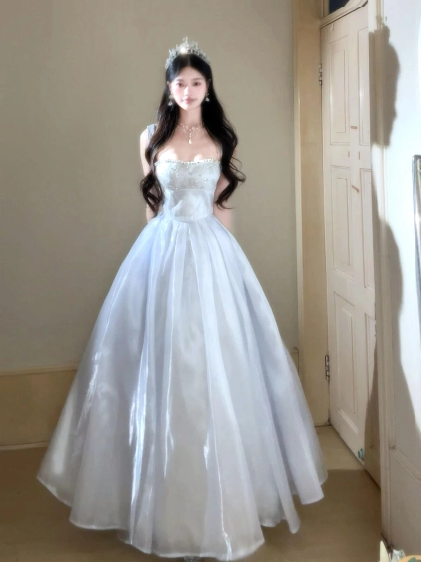 

Elegant Blue Strapless Evening Gown Dress for Adult Ceremony Birthday Party Student Formal High Waist Long...