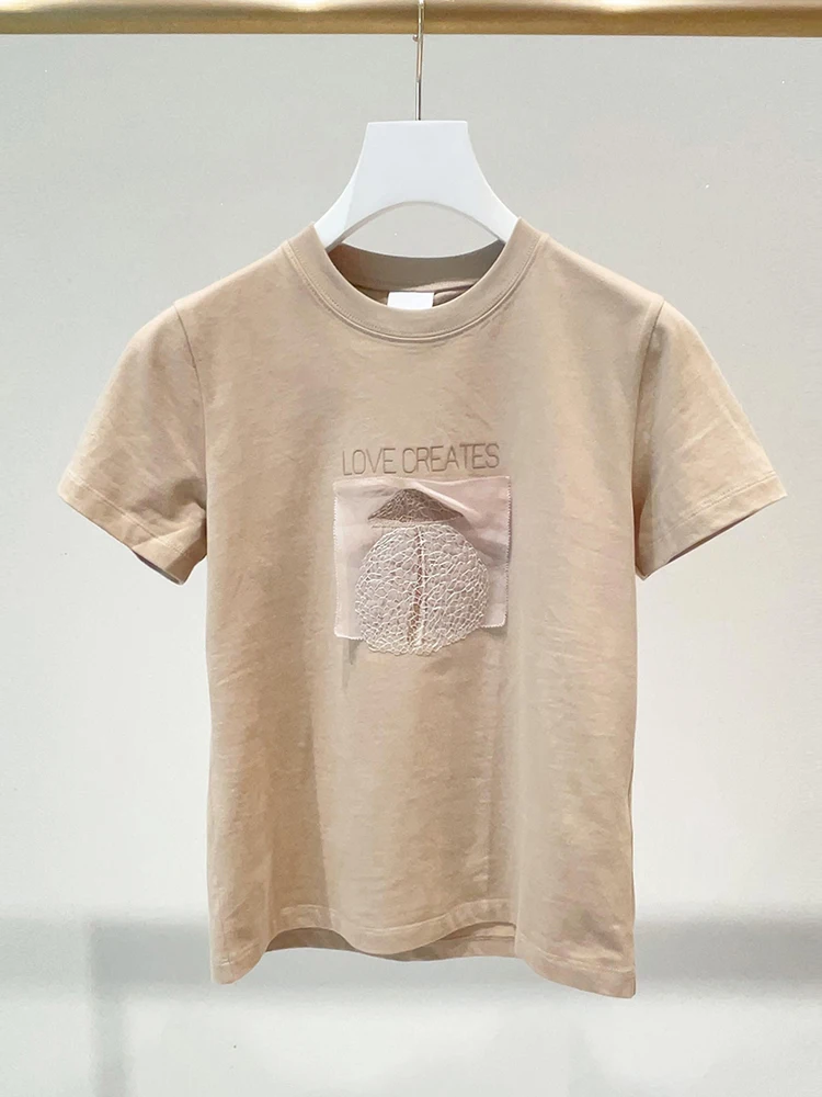 

Casual Khaki Embroidered T-irt Women's Top Versatile Summer New Arrival Simple Sle round Ne ort Sve Tee