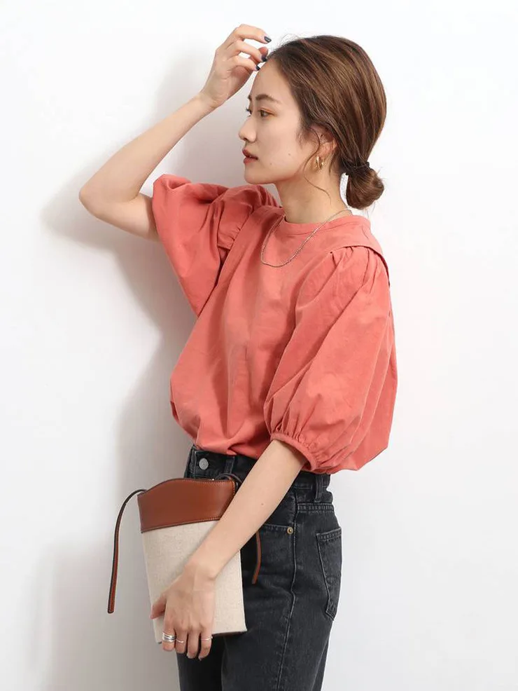 

Casual Cotton Linen Bubble Sleeve Lantern Sleeve round Neck Short Sleeve Shirt Women's Daily Wear Breathable Comfortable Pure...