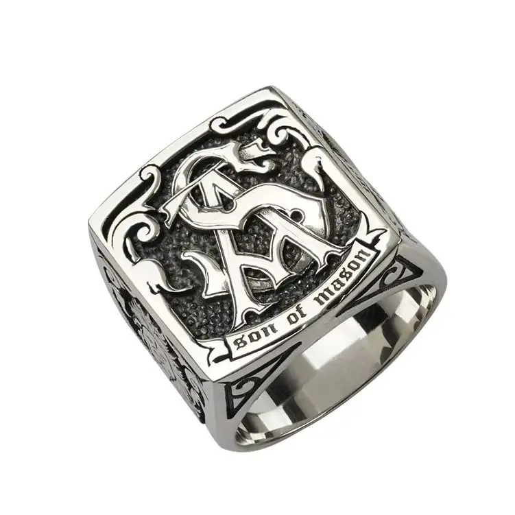 925 Sterling Silver Totem Signet Ring for Men, Vintage Engraved Freemason Inspired Symbol Band Ring, Custom Engraved Religious S