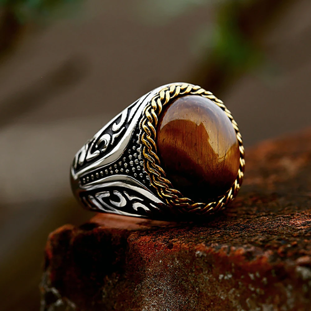 Punk Retro Oval Tiger Eye Ring Gothic Stainless Steel Engraved Ring Fashion Men and Women Jewelry Gifts Accessories Wholesale