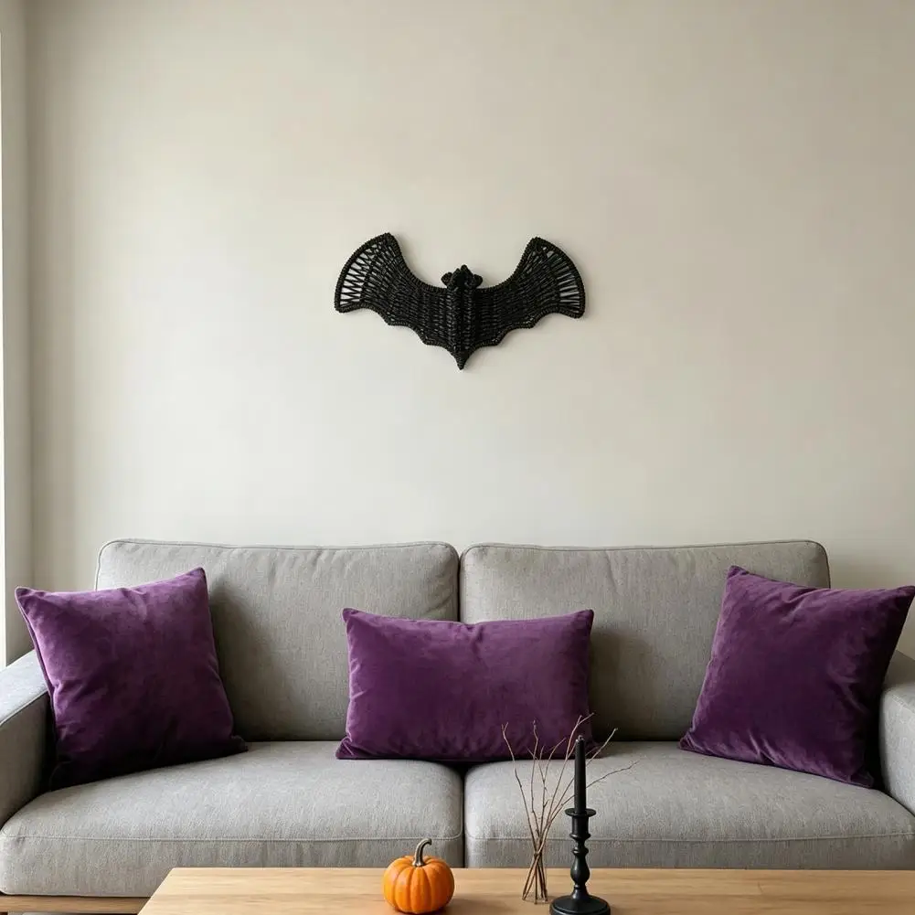 Rattan Wall Hanging Decor Handcrafted Woven Rattan Bat Wall Hanging 3d Black Wicker Halloween Decoration Rustic Farmhouse Door.