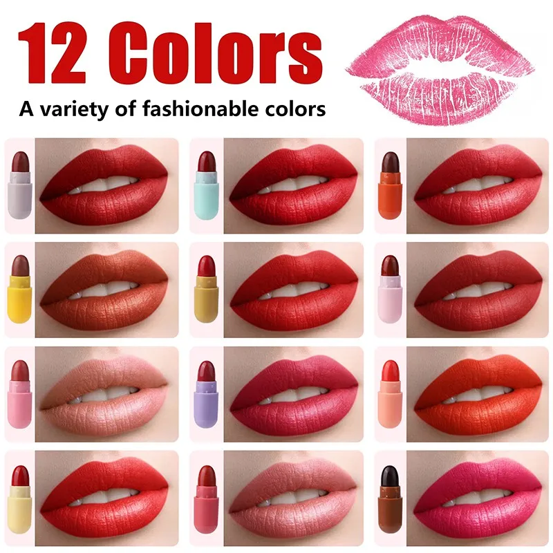 12color/Set Cute Mini Capsule Lipstick Long Lasting Waterproof Non-stick Cup Lipstick Matte Velvet Pill Lipstick Set Makeup Tool