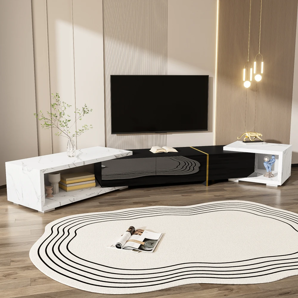 Moderner TV-Schrank mit variabler Länge (140–260 cm), drehbarer Funktion, weißes Hochglanz-Matt-Finish und goldenen Dekorationen – Detail 34