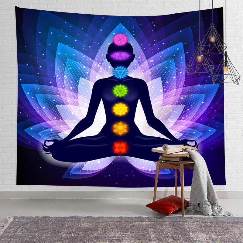 VIKAMA Seven Chakra Buddha Tapestry, Yoga Lotus Wall Hanging, Spiritual Meditation Decor for Bedroom Yoga Room Home