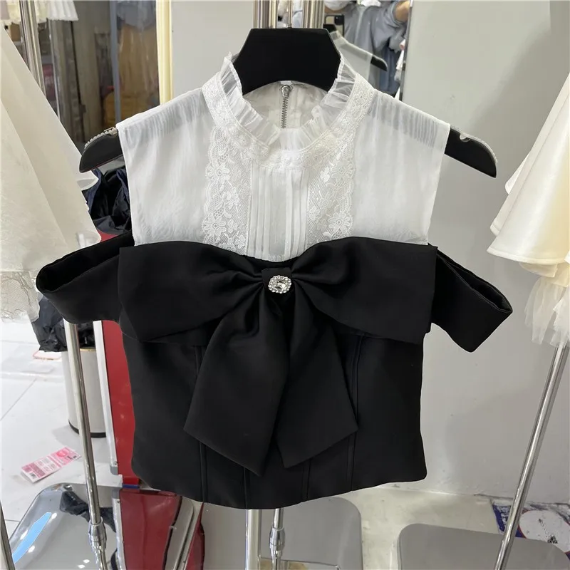 

Color Block Knot Lace Trim Shoulder Bared Stand Collar Slim Fit Shirt for Women Summer New Style Commute Style Poly...