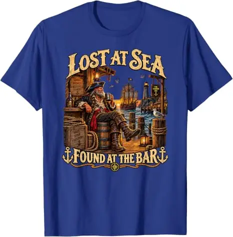 Men Women T-shirt Lost At Sea Found At The Bar Funny Cruise Vacation Sarcastic Humor Tee Cotton Short Sleeve Casual Travel Tops