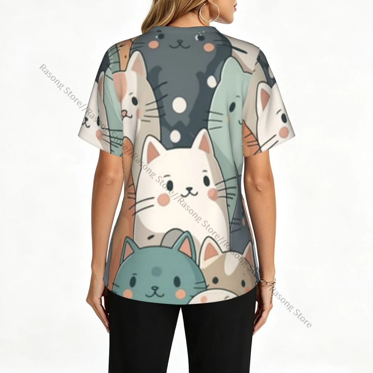 Women Scrubs Blouse Medical Nurse V-neck Clinical Scrubs Top Cats Pattern Operating Room Work T-shirt