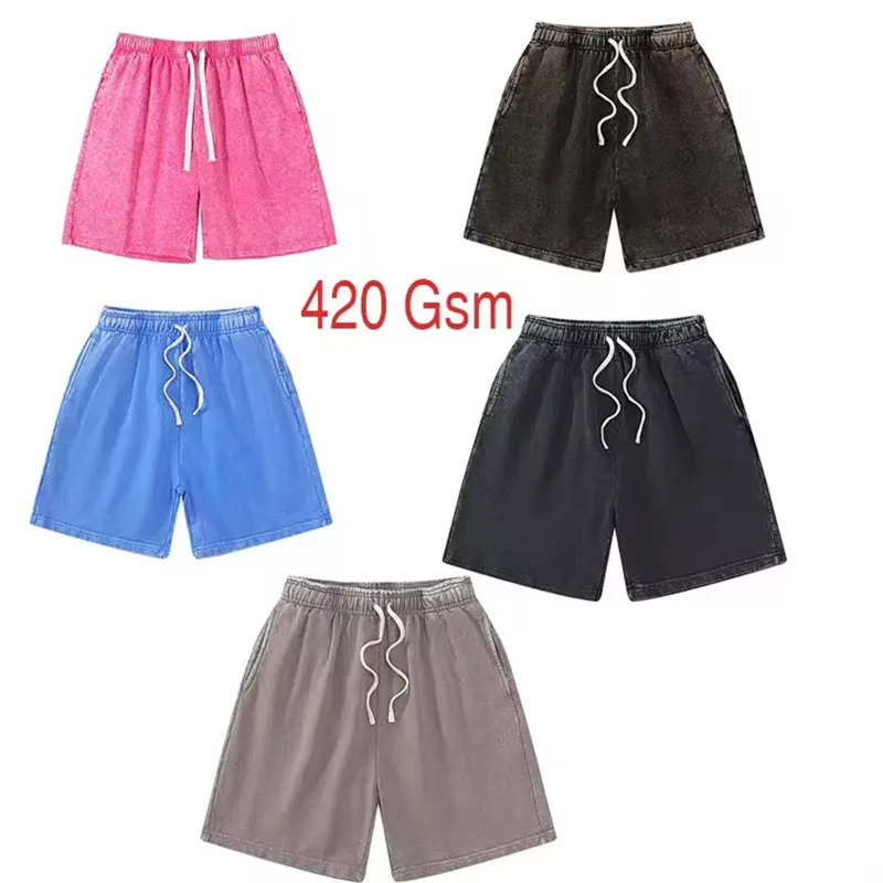 100% pure cotton 420g men's distressed sport shorts - heavyweight high street retro batik washed shorts