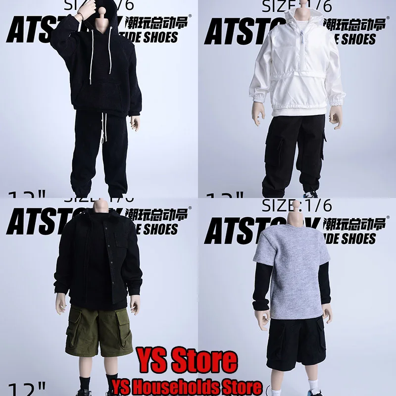 ATstory 1/6 figura de moda hombre soldado media cremallera sudaderas con capucha empalme sudadera pantalones cortos ropa deportiva conjunto accesorio para cuerpo de 12"