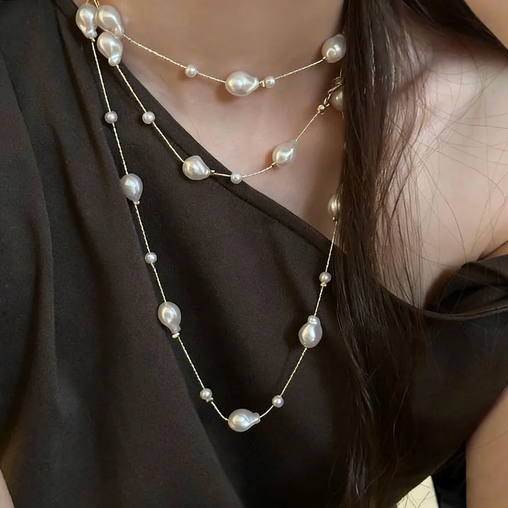 Multi-Layer Irregular Baroque Pearl Necklace Y2K Layered Sweater Chain Statement Jewelry for Women Adjustable Neckwear Accessory