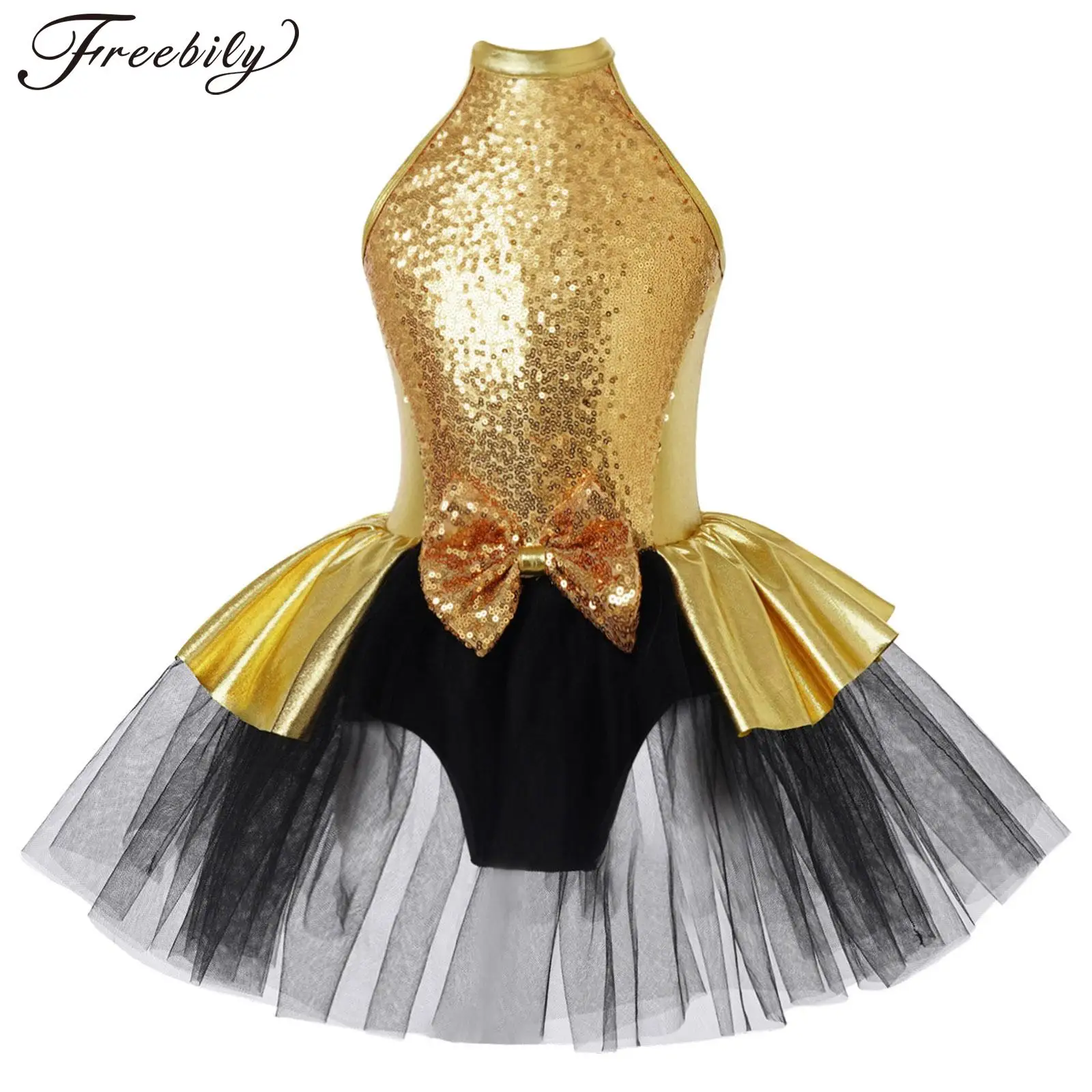 Kids Girls Halter Neck Shiny Sparkle Ballet Dance Dress Leotard Cutout Back Sparkle Latin Jazz Modern Dance Performance Clothes