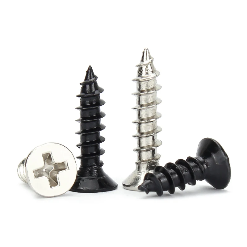 DIN7050 GB846 ISO7050 1000/100 本フラットヘッドフィリップスセルフタッピング木ネジM1M1.2M1.4 M1.7 M2 M2.3 M2.6M3M4黒亜鉛メッキニッケルメッキ皿頭クロス電子ネジ