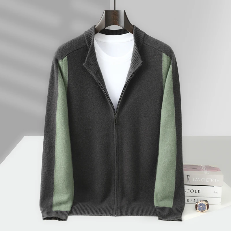 

Мужской зимний вязаный кардиган на молнии из 100% мериносовой шерсти, повседневная куртка больших размеров контрастного цвета, теплый топ с воротником-стойкой