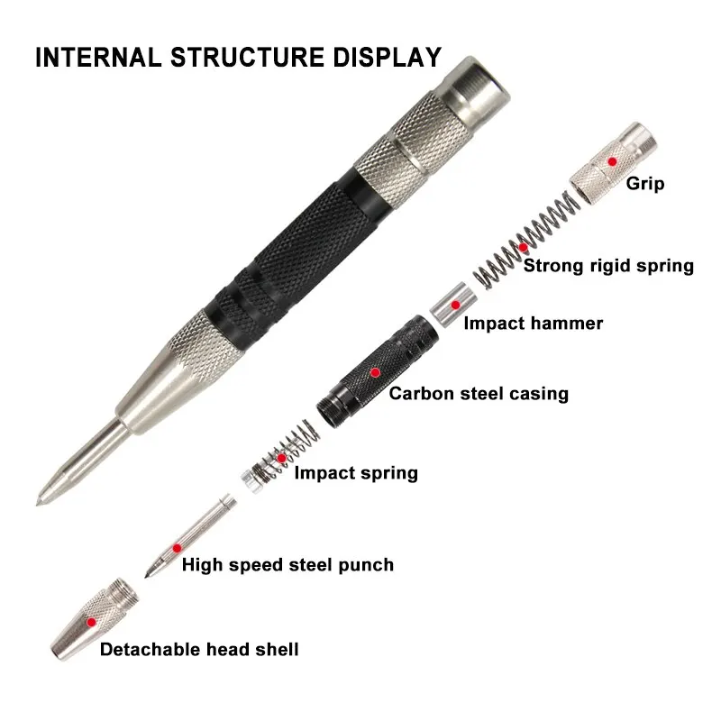 155mm Woodworking Center Punch Automatic Spring Locator Glass Striker Broken Window Silver Black Automatic Sample Punch Tool
