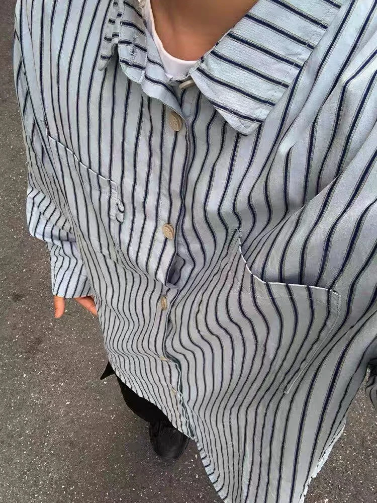 

Длинный све в полоску в американском стиле ретро, мужской весенне-осенний новый молодежный универсальный свободный повседневный свободный воротник irt