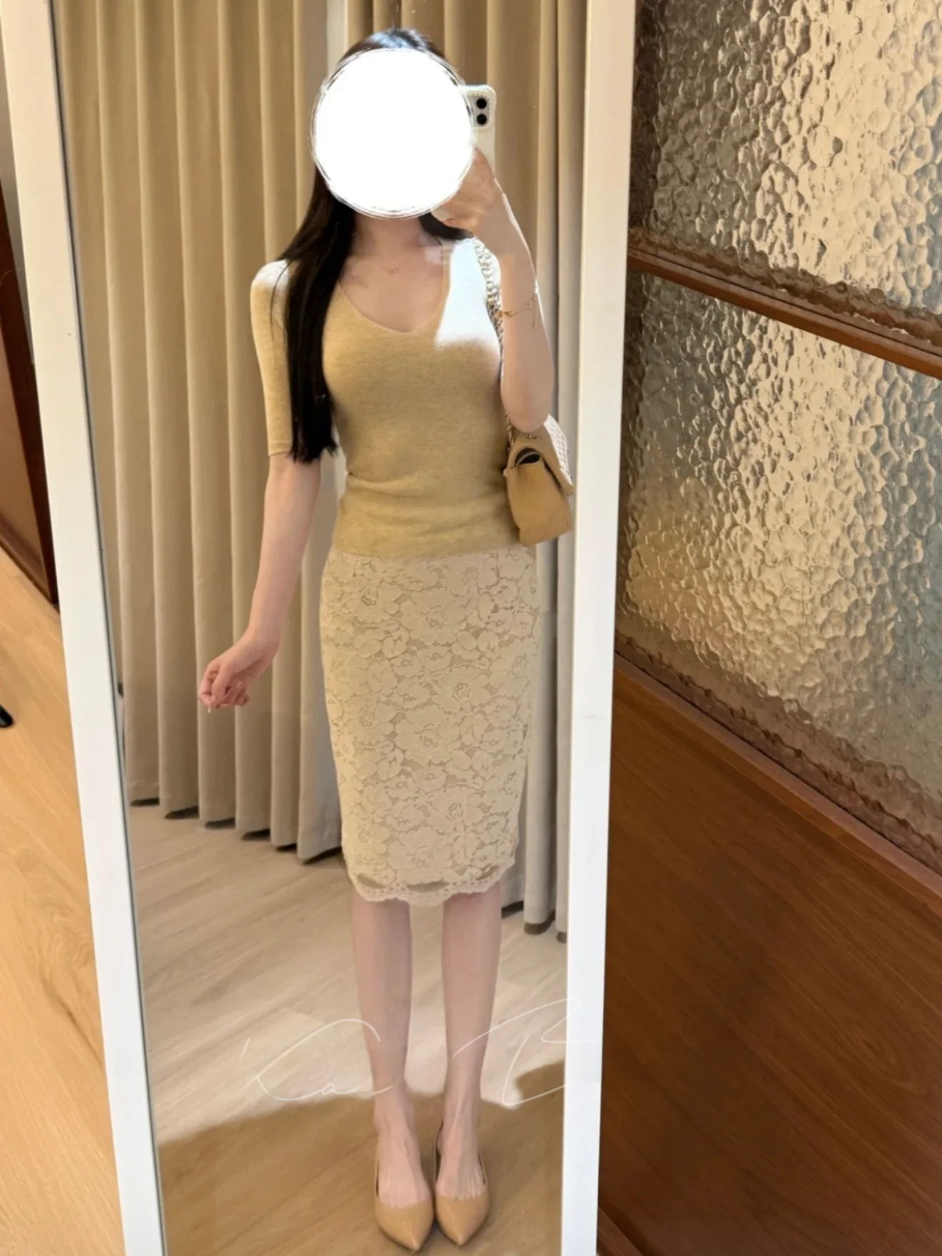 Elegant V-neck Woolen Top And Lace Texture Skirt Slim Fit Fashion Set Short Sleeve Spring Collection Unique Beautiful Sisterl...