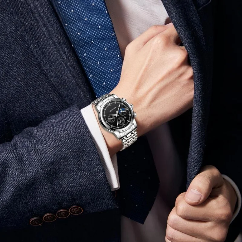 ساعة كوارتز للرجال من Abbylun بقرص أرقام روماني ، ساعة يد للأعمال ، مرحلة القمر ، التاريخ ، جلد مقاوم للماء ،