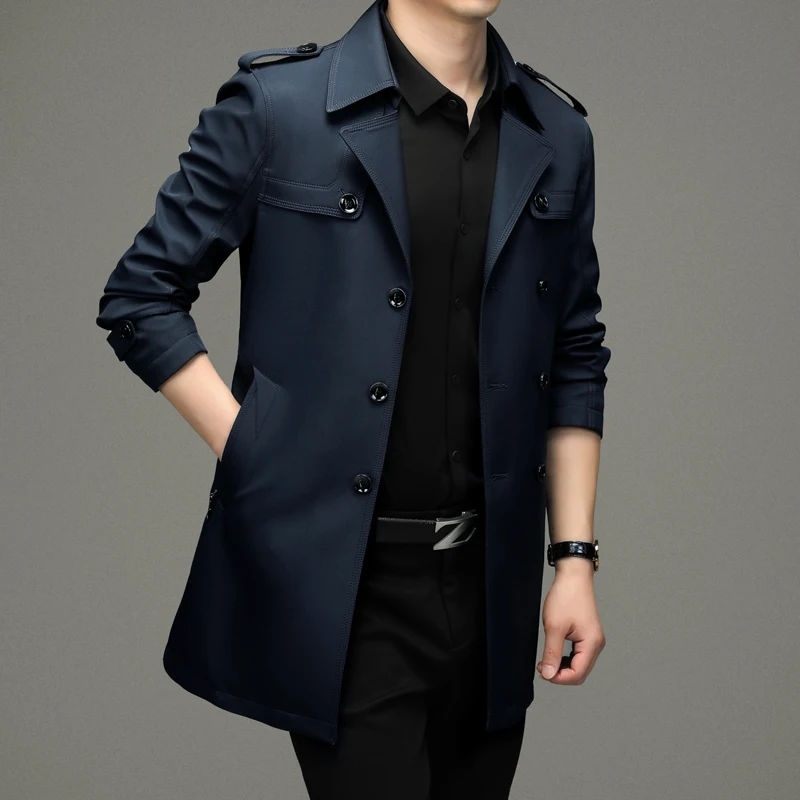 Spring and Autumn New Men's Double breasted Medium length Windbreaker, Suit Collar Belt, Business Casual Coat, British Style