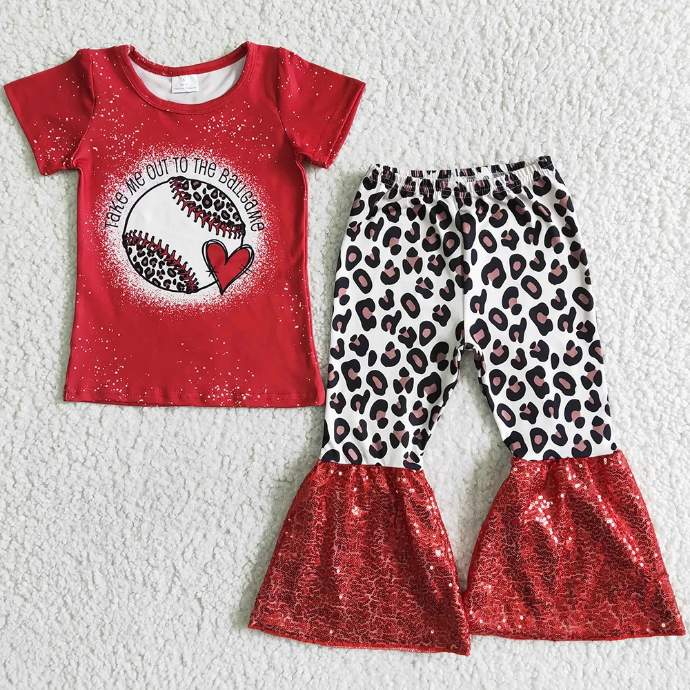 

New Fashion Kids Designer Clother Girls Outfits Baseball Cute Baby Girl Clothes Short Sleeve Sequins Bell Pants Set Wholesale