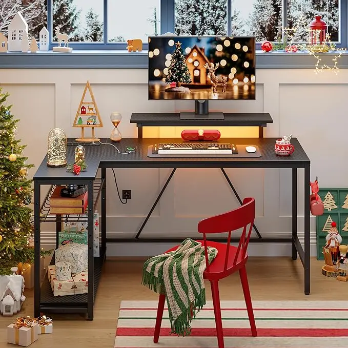 Bestier Small Gaming Desk with Power Outlets,42 L Shaped LED Computer Desk with Stand Reversible Shelves,Corner Gamer Desk