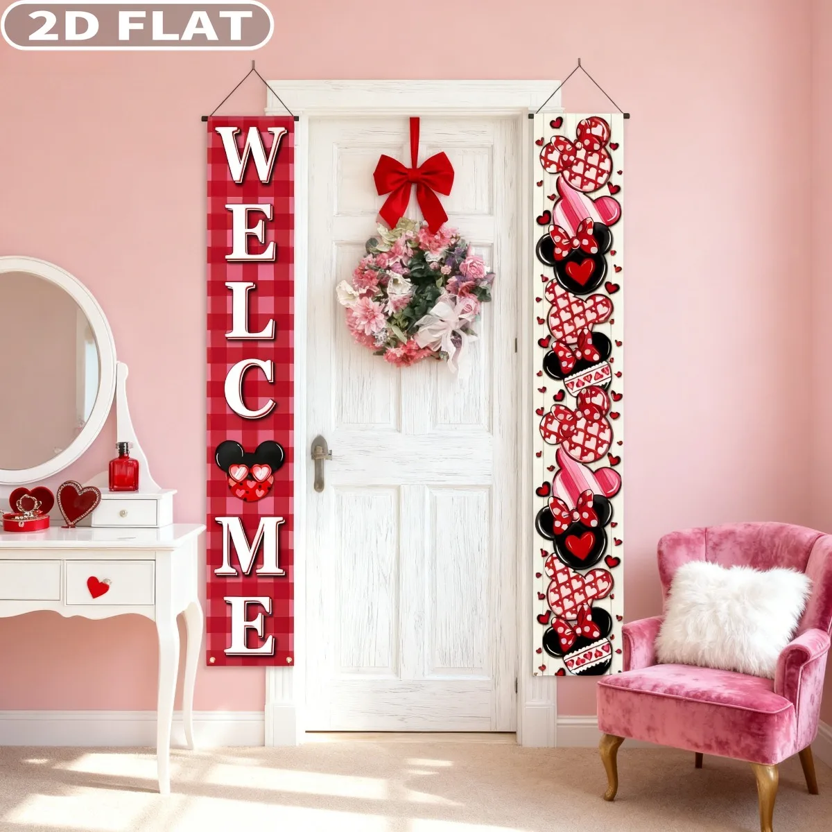 

1pair Valentines Day Decor with Hanging Rods and Ropes, 1x6 FT Galentines Day Porch Banner Pink Cartoon Mouse Valentines Decor