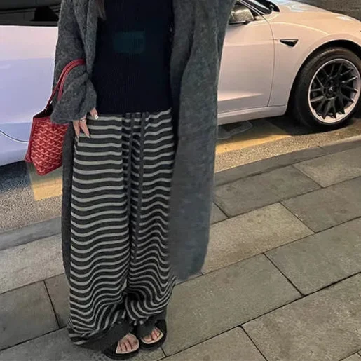 Women Wool Knitted Casual Stripe Loose Wide Leg Pants Autumn Spring Comfortable Warm Black White Pattern Y2k Pants Streetwear